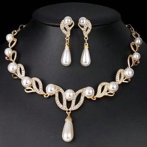 Gold Plated Faux Pearl  Necklace & Earrings 3pcs/Set For Wedding, Faux Pearl